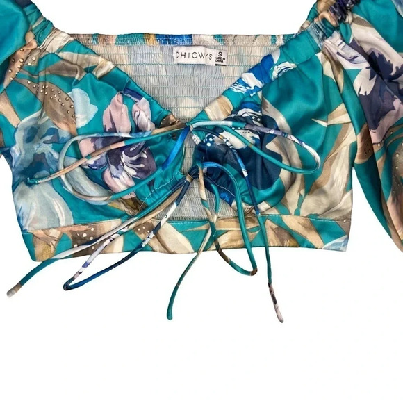 NWT Chicways Freesia Teal Tropical Floral Crop Top Small Beach Festival Sexy - Picture 6 of 12